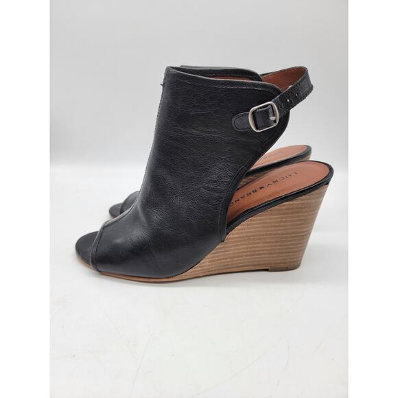 Lucky Brand Size 9 Peep Toe Black Leather Shooties Sandals Wedge Heel Sling Back - Picture 5 of 11